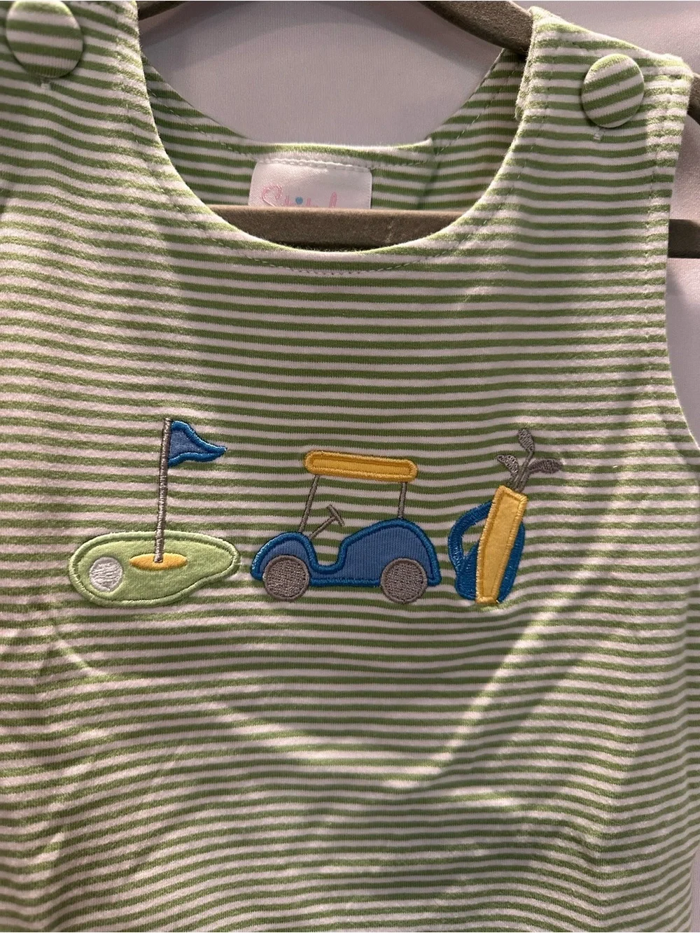 Green Striped Kids Romper - Golf Cart Applique